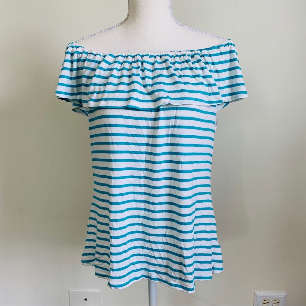 Maison Jules Off The Shoulder Blue White Striped Top Size L